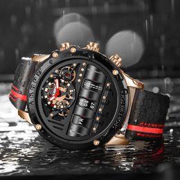 Charming Quartz Watches Domic Big Dial Leather Stap Mens Watch Creative Hollow Design Luminous Month Week Calendar Masculine Wrist153A