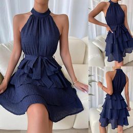 Casual Dresses Women Party Dress Off Shoulder Sleeveless Halter Neck Ruffle A-line Loose Hem Solid Belted Tight Waist Knee Length Midi