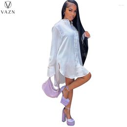 Casual Dresses VAZN 2023 INS Solid Sweet Young Office Lady Full Sleeve Open Stitch Chiffon Shirt Dress Women Short Straight