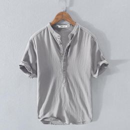 Men's Casual Shirts Summer Short-Sleeved Linen Brand Quality Tee Shirt Stand-Up Collar Soild Fashion Buiness Blouse Slim Tops