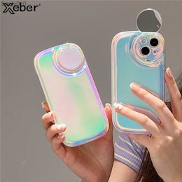 Cute Laser Flip Mirror Holder Phone Case For iPhone 14 13 12 11 Pro Max Plus Camera Protection Airbags Shockproof Soft Cover L230619