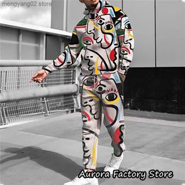 Men's Tracksuits Men's Autumn Hoodie Set Artistic Graffiti Pattern Tracksuit Fashion Outfit 2 Pieces Long Sleeve Suit Male Clothing With Hat T230714