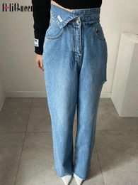 Women's Jeans Korean Female Retro High Waist Irregular Buckle Design Denim Pants Fashion Women White Blue Wide Leg Long Streetwear