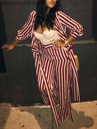 Women's Two Piece Pants Stripes Print Open Front Long Shirt Tops Pants Set Women Casual Two Piece Set Outfits Workwear T230714