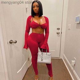 Women's Two Piece Pants Sexy 3 Piece Set Women Club Wear Birthday Outfits Long Sleeve Cardigan Top + Bra + Pants Sets Rave Festival Matching Sets Co Ord T230714