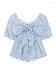 Women's T Shirts Design Summer Harajuku Blue Plaid T-shirt Women Puff Sleeve Square Collar Tops French Sweet Chic Bow Tees 2000s Aesthetic
