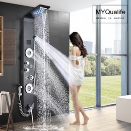 Bathroom Sink Faucets Black LED Light Shower Faucet SPA Massage Jet Column System Waterfall Rain Panel Bidet Sprayer Tap 230713