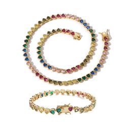 Hip Hop Colourful Lover Heart Shape Tennis Chain Necklace Bracelet Jewellery Set