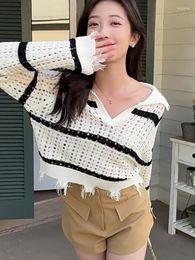 Women's Sweaters French Style Sexy Cutout Fringe Pullover Knitted Striped Sweater Summer Thin Cropped Lapel Long Sleeve Blouse Jumper Top