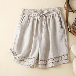 Women's Shorts 2023 Summer Short Cotton Linen High Waisted Drawstring Lady Teens Casual Lace Hollow Wide Leg Pants Streetwear