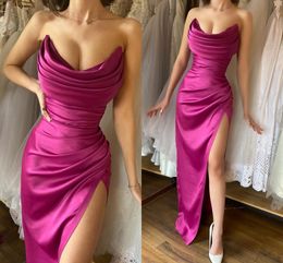 Fuschia Sexy Plus Size Sheath Prom Dresses Satin Draped Pleats Strapless High Side Split Formal Ocns Wear Birthday Celebrity Pageant Evening Gowns Custom