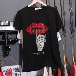 Set Loose Cotton Hot Drilling Black Tshirts Women Short Sleeve Summer New Breathable Korean Version Tees 2022 Diamonds Trend Tops