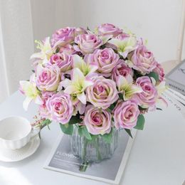 Decorative Flowers High Quality Silk Rose Lily Bouquet Wedding Artificial Plant Home Decor Diy Desk Decorations Christmas Bride Accessories