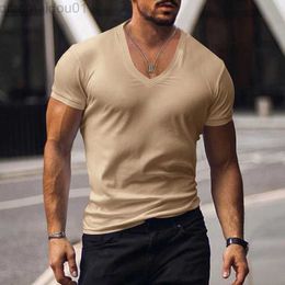 Men's T-Shirts Casual Short Sleeve V Neck Slim Tee Mens Summer Leisure Pure Color Simple Basic T Shirt Men Clothes Fashion Skinny Tops Pullover L230713