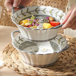 Bowls Creative European Style Retro Double Ear Soup Pot With Spoon Household Noodle Bowl Salad Ceramic HandleLE262