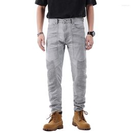 Men's Jeans Men Gray Stretch Denim Biker For Motorcycle Streetwear Slim Tapered Pants Pleated Patch Patchwork Trousers