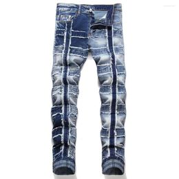 Men's Jeans Men Fringe Stretch Denim Streetwear Patchwork Ripped Blue Pants Slim Tapered Trousers