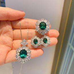 Necklace Earrings Set EYIKA Fashion Flower Ring Imitation Ruby Sapphire Jewellery For Women Green Zircon Wedding Party