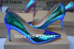 Dress Shoes Bling Snake Pointed Toe High Heel Pumps Blue Shallow Women Office Spring Autumn Thin Heels