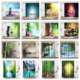 Shower Curtains Rural Landscape Creek Stone Lotus Buddha Shower Curtain Bathroom Curtain Fabric Waterproof Polyester Bathroom Curtain with