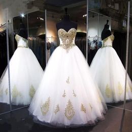 White and Gold Wedding Dresses Real Image New Luxury Crystals Rhinestone Sweetheart A-Line Tulle Bridal Gowns Vestios De Marriage 238V