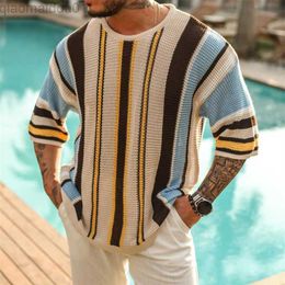 Men's T-Shirts Spring Summer Mens Knit T Shirt Vintage Jacquard Striped Stitch Knitted Tops Men Clothes Fashion Loose Half Sleeve O Neck Jumper L230713