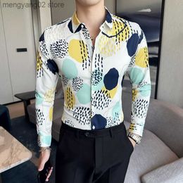 Men's Casual Shirts Men's British Style Long Sleeve Shirt Autumn New Fashion Vintage Print Buttons Down Slim Fit Male Social Blouse Nightclub Party T230714