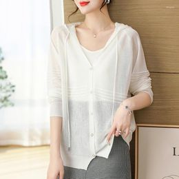 Women's Knits Thin Hooded Knitwear 2023 Summer Transparent Cardigan Lady's Sex See Through Shirts Long Sleeve Sun Proection Knit Coat