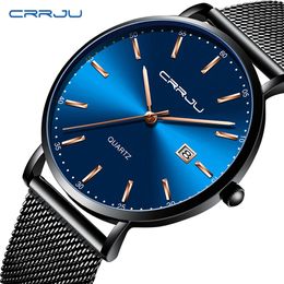 Fashion Mens Watches CRRJU Top Brand Luxury Blue Waterproof Watches Ultra Thin Date Simple Casual Quartz Watch Men Sports Clock205s