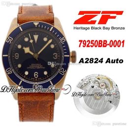 ZF Bronze A2824 Automatic Mens Watch 43mm Blue Dial Aged Brown Leather Strap Edition Puretime PTTD C092438
