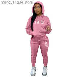 Women's Two Piece Pants Letter Print Fleece Two Piece Set Women Solid Tracksuits Long Sleeve Pullover Hoodies Top Pencil Pants Outdoor Sportswear Suit T230714