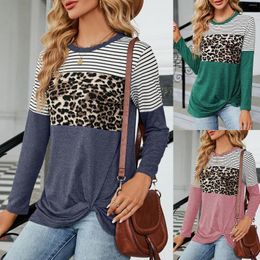 Women's T Shirts Ladies Tee Shirt Crew Neck Women Autumn Top Leopard Print Horizontal Stripe Sexy Style Loose Fit Vacation Suit