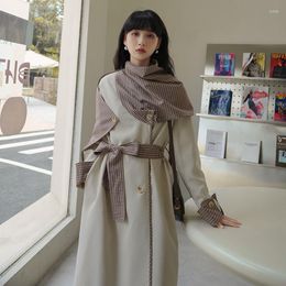 Women's Trench Coats Spring Korean Stitching Vintage Cape Loose High Waist Strap Design Windbreaker Female Long Coat Women