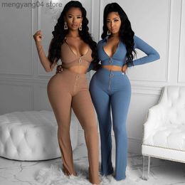 Women's Two Piece Pants Ribbed Knit Solid Elegant Zip Up Co-ord Sets Women Clothes Winter Long Sleeve Bodycon Crop Top and Flare Pants 2 Piece Outfits T230714