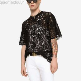 Men's T-Shirts 2023 Summer Y2K Mens Floral Embroidery T Shirt Fashion See Through Hollow Out Tee Streetwear Men Vintage Loose Short Sleeve Tops L230713