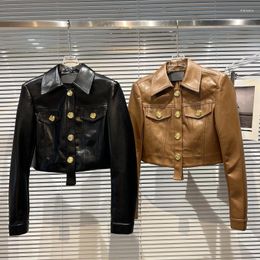 Women's Leather Women Retro Faux Jacket High Waist Golden Metal Buttons PU Coat Double Pockets Turn Down Collar Streetwear Cardigan Tops
