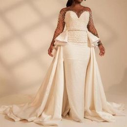 Long Sleeves Plus Size Mermaid Wedding Dresses With Overskirt Pearls Beaded Illusion African 2020 Bridal Gowns Customised Vestidos2581