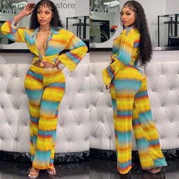 Women's Two Piece Pants Multicolor Print 3 Piece Sets Women Outfits Long Sleeve Shirt + Bra + Wide Leg Pants Matching Sets Conjuntos Feminino Elegante T230714