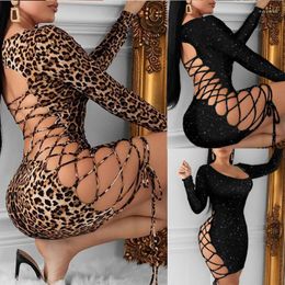 Casual Dresses Fashion Women Leopard Bling Bodycon Sexy Mini Dress Long Sleeve Bandage Hollow Out Evening Party Club Ladies Dresses2023