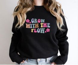 Women's Hoodies Colored Grow With The Flow Sweatshirt Trendy Women Long Sleeve Jumper Boho Flower Motivational Pullovers