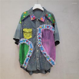 Women's Blouses 2023 Summer Hand-Painted Bead Stitching Mesh Denim Shirt Clothing FashionStreet Design Loose Casual Top