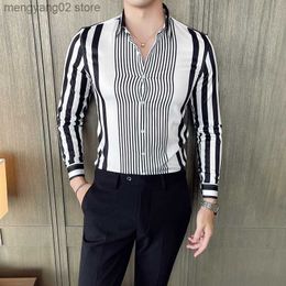 Men's Casual Shirts High-end Ice Silk Stripes Shirt Blouse Men Casual Long Sleeve Slim Fit Male Korean Shirts Brand Turn-down Collar Chemise Homme T230714