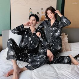 Women's Sleepwear Couple Pajamas Set Black Print 2PCS Long Sleeve Shirt&Pants Satin Sleep Lovers Silky Pyjamas Suit Home Clothes