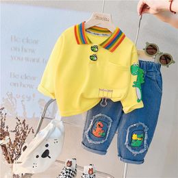 Spring Baby Boys Children Clothing Toddler Tracksuits Clothes Long Sleeve Cartoon T-shirt Jeans Set Cotton Suits 0-5 Years