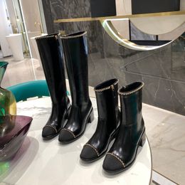 Metal decoration side zipper boots chunky heel tall Chelsea boot leather shoes Almond Toes knee-high riding boots luxury designers brands shoe for factory footwear