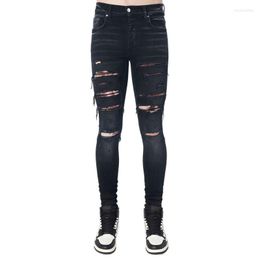 Men's Jeans Street Fashion Men Black Grey Skinny Ripped Stretch Trousers Leopard Patched Designer Hip Hop Brand Pants Hombre