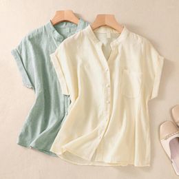 Women's Blouses Korean Jacquard Cotton Linen Shirt Women 2023 Summer Casual Blouse For Fashion Solid Raglan Sleeve O Neck Loose Tops 27755