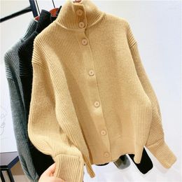 Women's Sweaters 2023 Autumn And Winter Vintage Turtleneck Bubble Sleeve Sweater Cardigan Coat Loose Knit