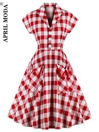 Dress 2022 England Style Summer Casual Swing Dress Plaid Printed Red Turn Down Collar Cotton Retro Vintage Pinup Rockabilly Sundress