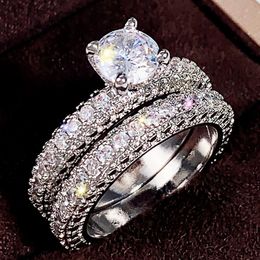 Huitan 2023 Trendy 2Pcs Set Rings for Women Full Paved Bling CZ Stone Silver Colour Wedding Party Daily Wear Luxury Lady Jewellery